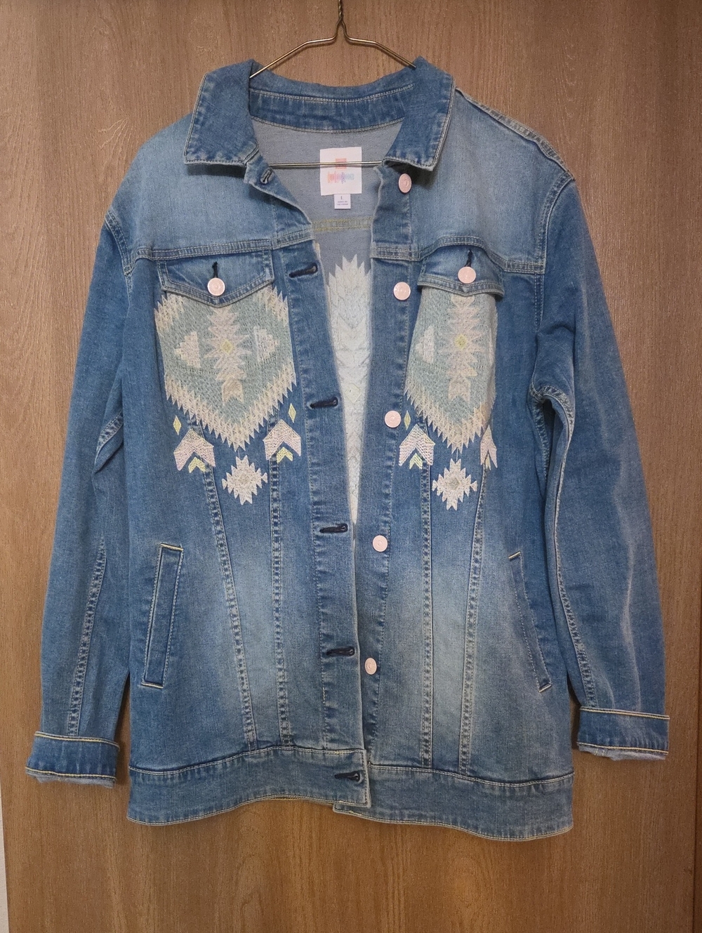 LuLaRoe Light Blue Denim Jacket with Pastel Embroidery